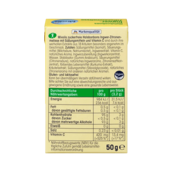 Mivolis Bonbon, Ingwer-Zitronenmelisse, zuckerfrei, 50 g