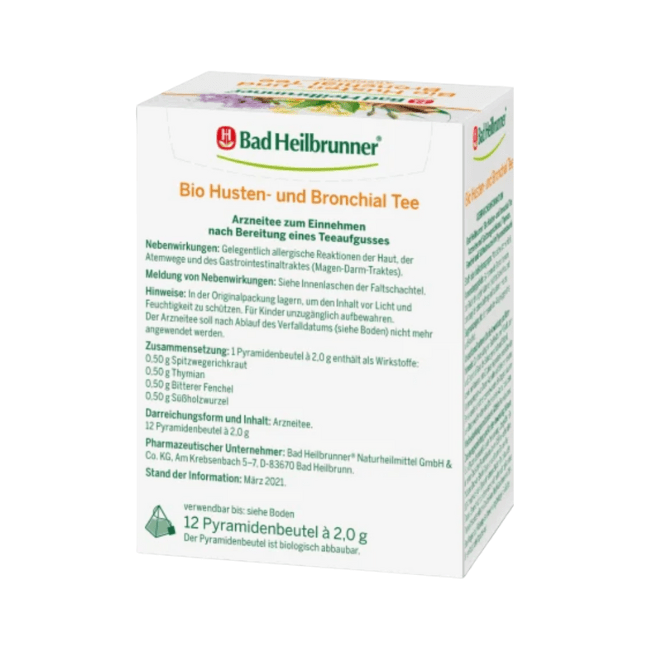 Bad Heilbrunner ArzneiTee, Bio Husten- & Bronchial Tee im Pyramidenbeutel (12 x 2g) 24 g