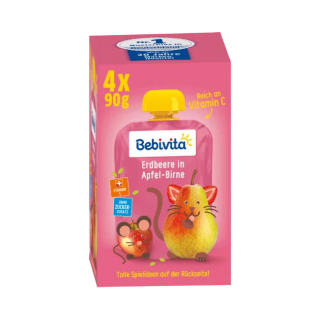 Bebivita Quetschie Erdbeere in Apfel-Birne, ab 1.Jahr (4x90 g) 360 g
