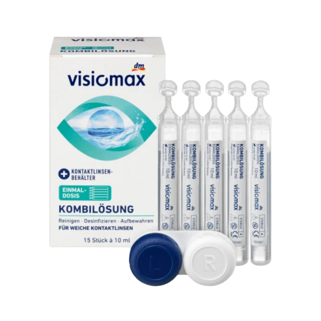 VISIOMAX Kombilösung Einmaldosis für weiche Kontaktlinsen, mit Kontaktlinsenbehälter, 15 x 10 ml, 150 ml