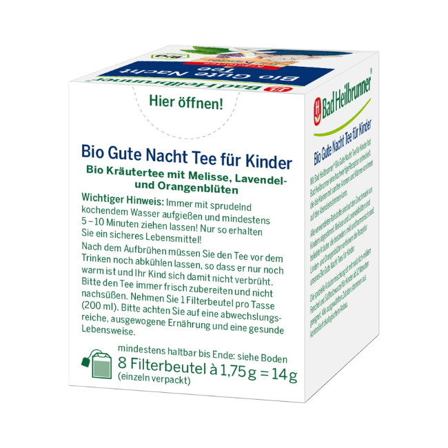 Bad Heilbrunner Kindertee, Bio Gute Nacht Tee (8 Beutel) 14 g