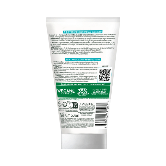 Garnier Skin Active Anti Pickel Reinigungscreme Hautklar 3in1 Tonerde 150 ml